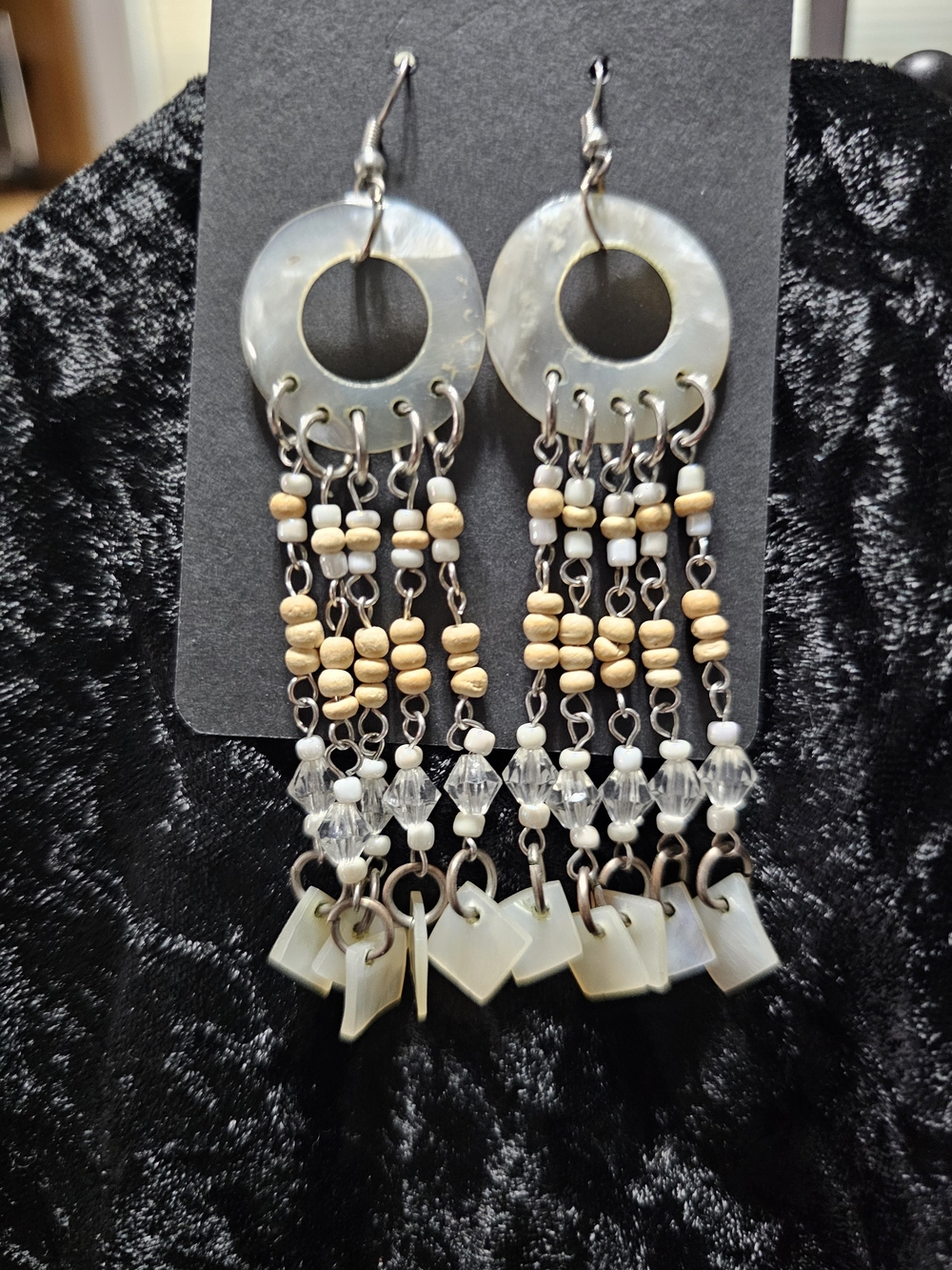 Handmade Mother-of-Pearl Hoop Dangle Earrings in Cream and White